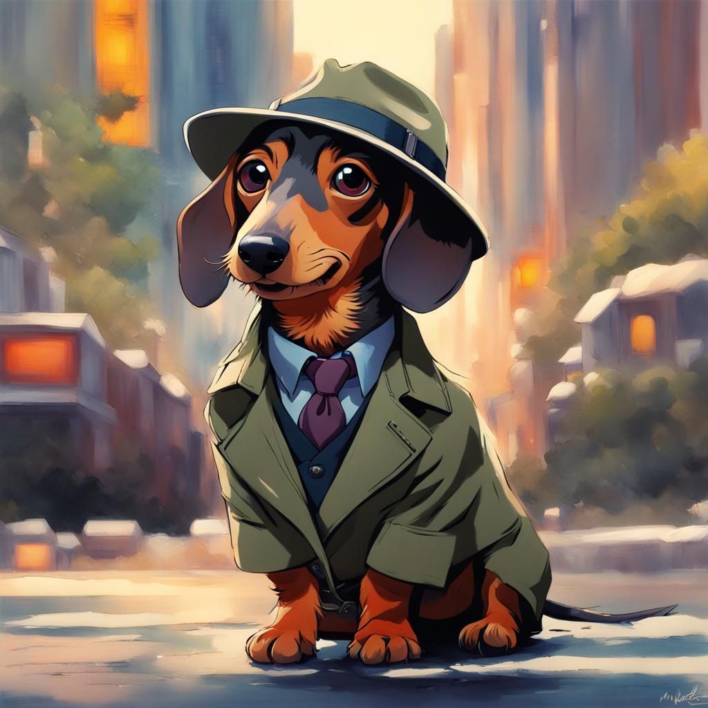 Dachshund Detective in Anime Impressionist Style