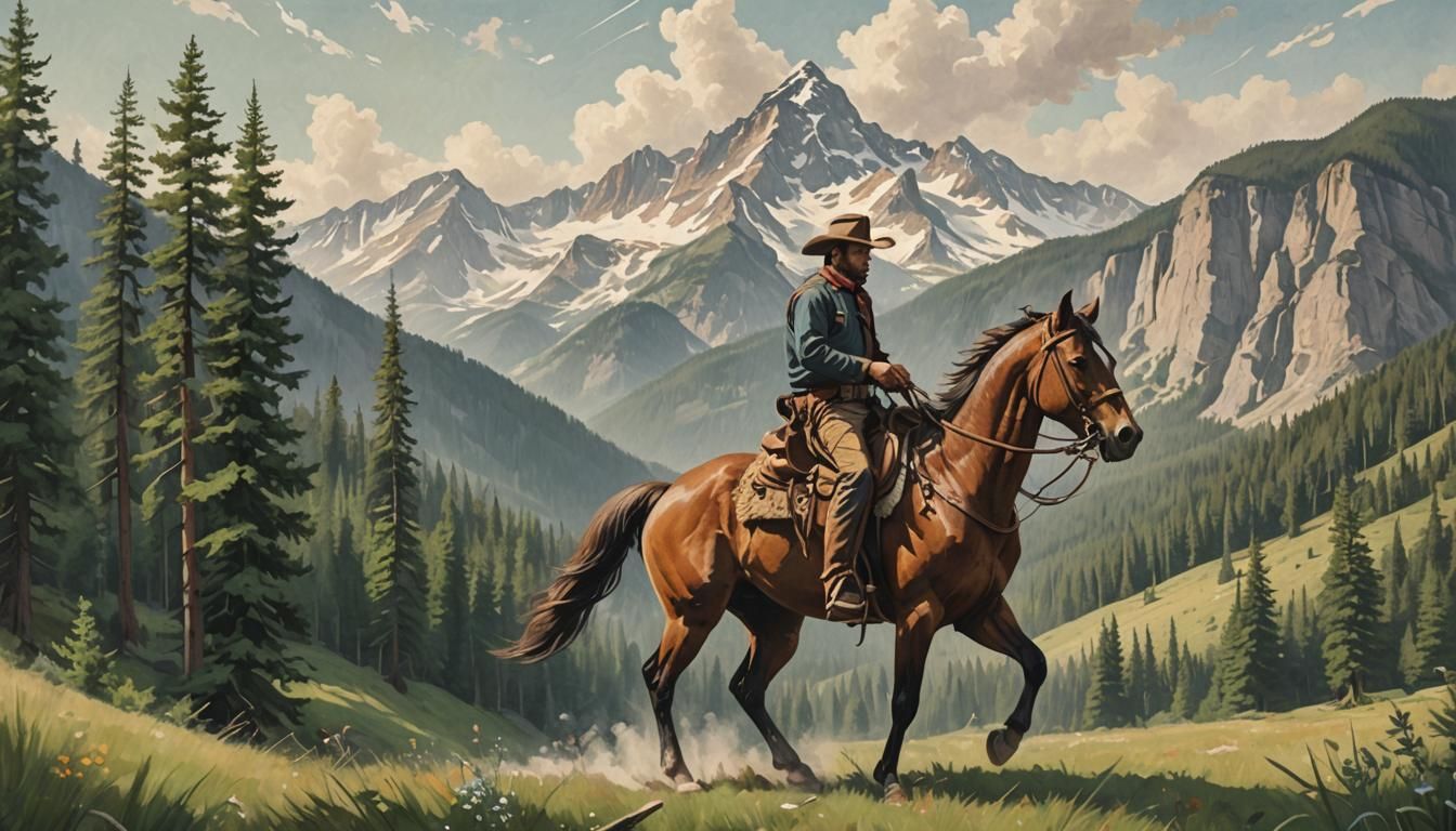 Cowboy on Horseback in Mountain Meadow: Oil Painting