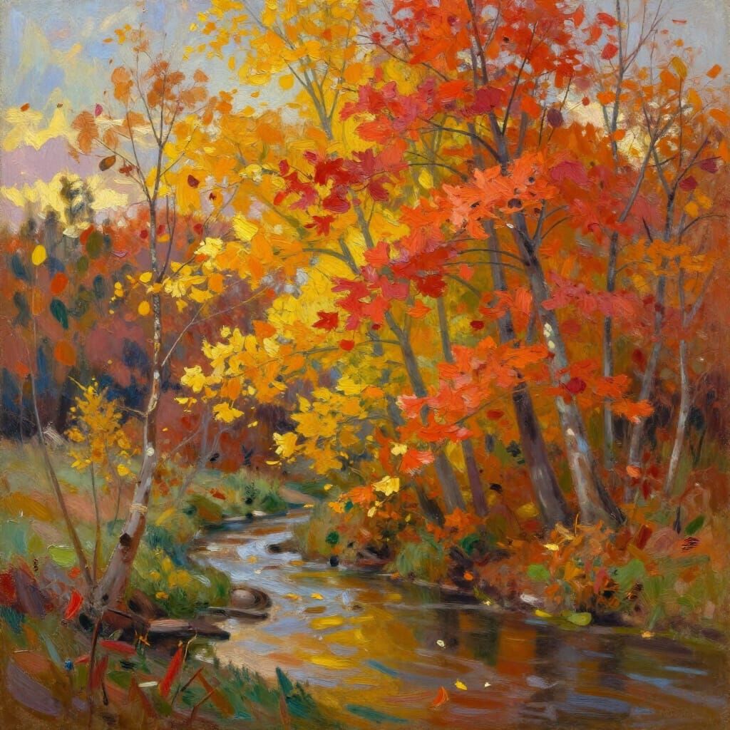 Golden Hour Autumn Landscape Oil Painting