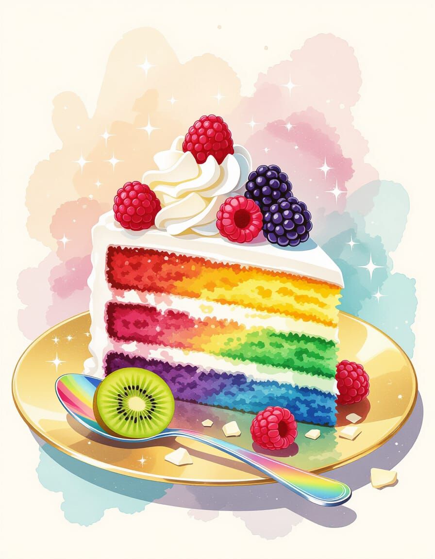 Rainbow Cake Slice with Fruit in Surreal Folk Art Style