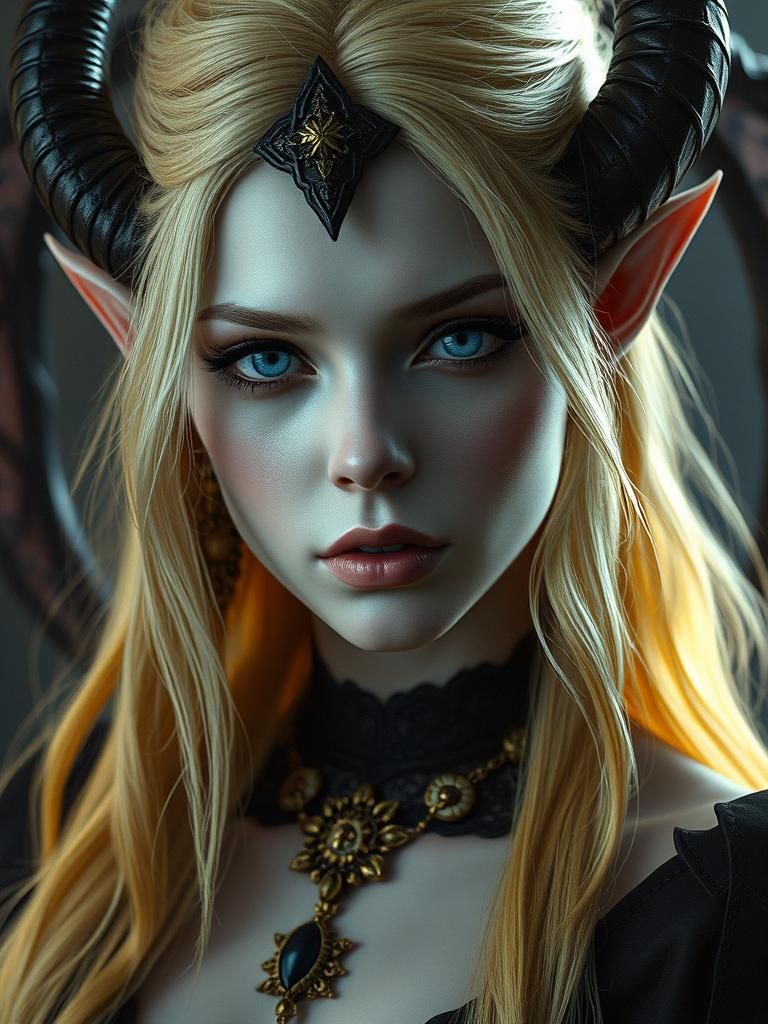 Ethereal Blonde Demoness Portrait in Biblical Art Style