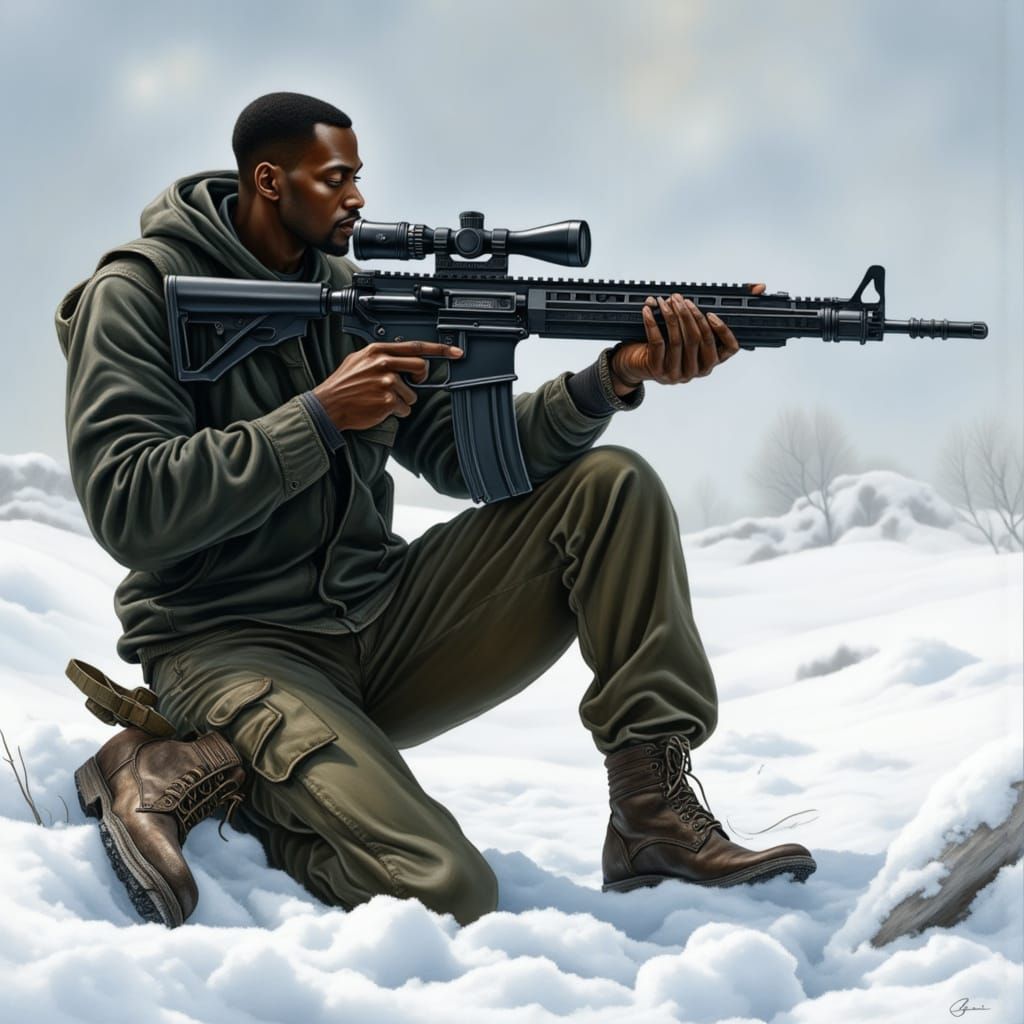 Sniper Inspects Tracks in Snowy Landscape