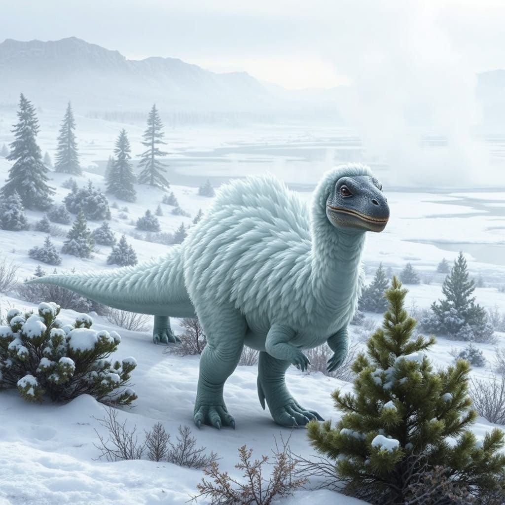 Feathered Dinosaurs in Snowy Winter Landscape
