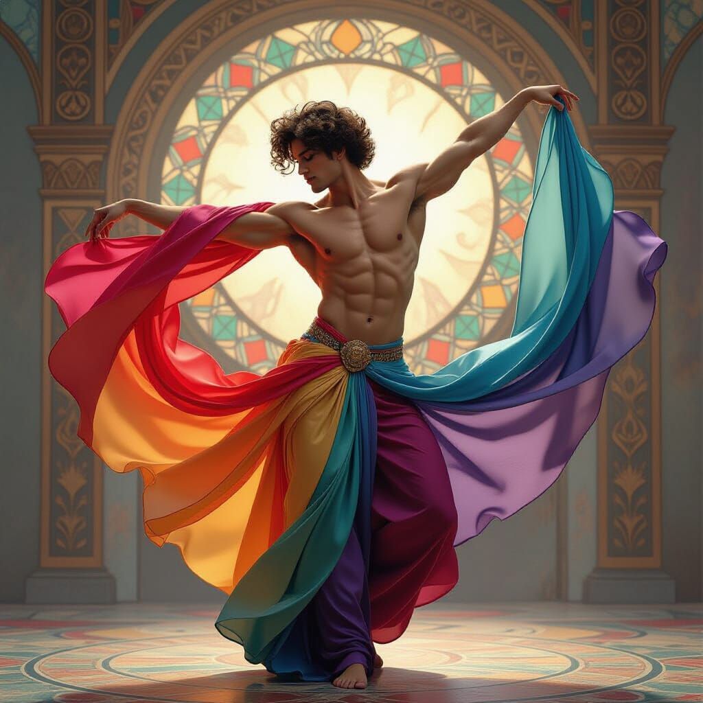 Gender-Fluid Dancer in Rainbow Silk, Art Nouveau Elegance