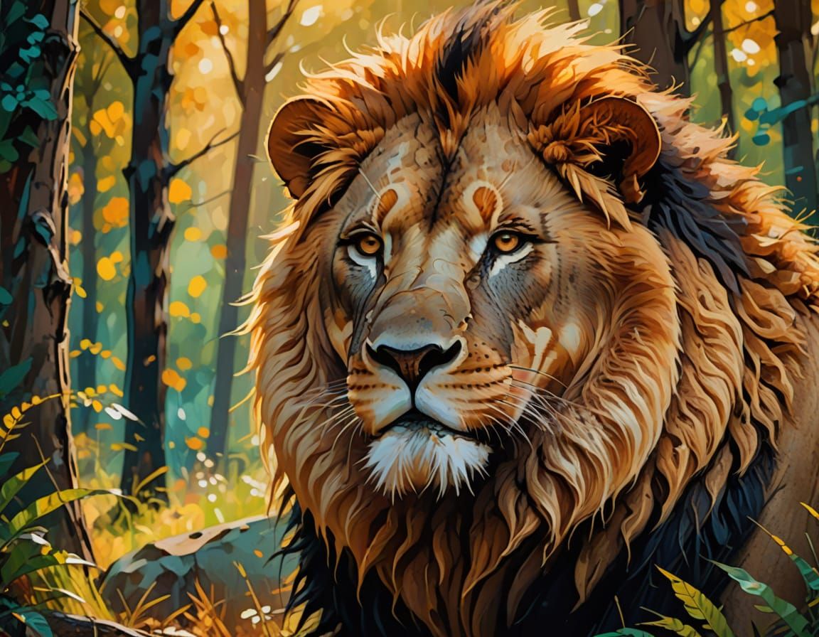 Fierce Lion in Forest, Expressionist Digital Painting