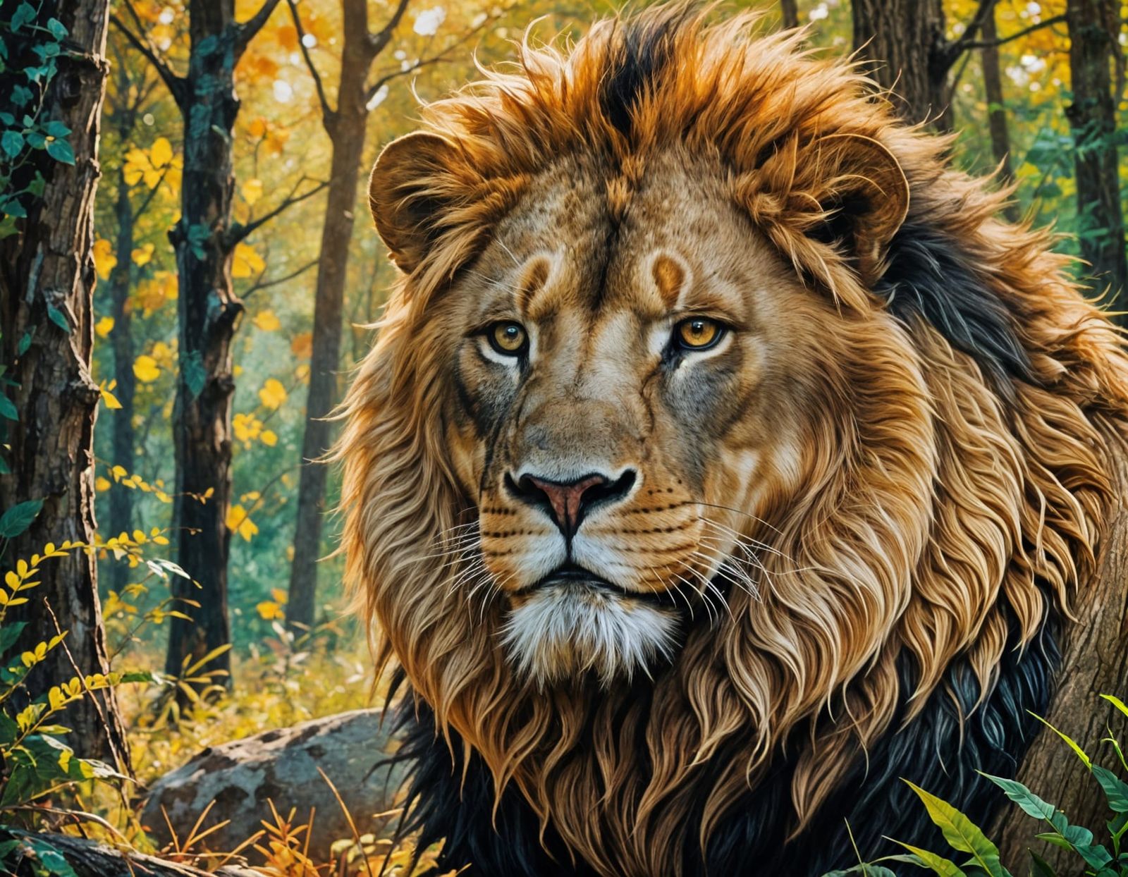 Fierce Lion in Forest, Expressionist Digital Painting