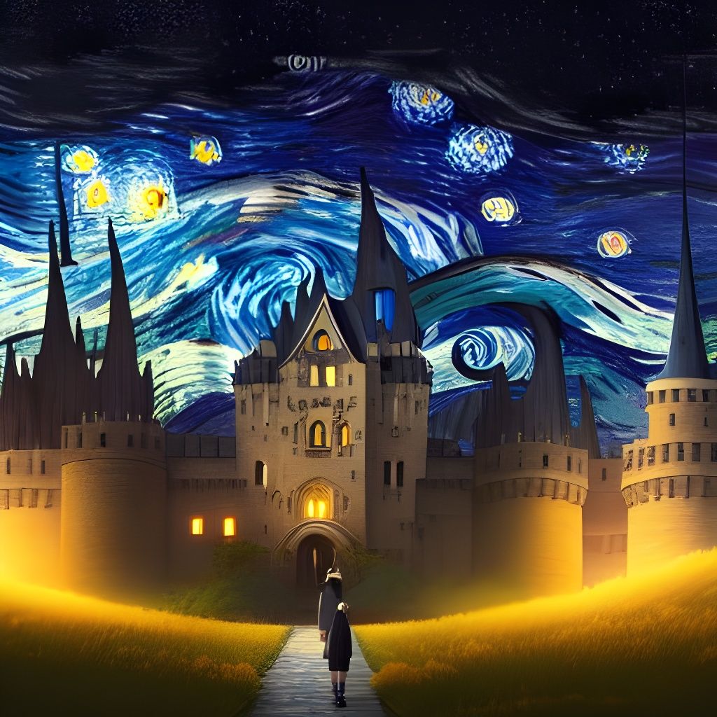 Starry Night Castle Matte Painting in Ghibli Style