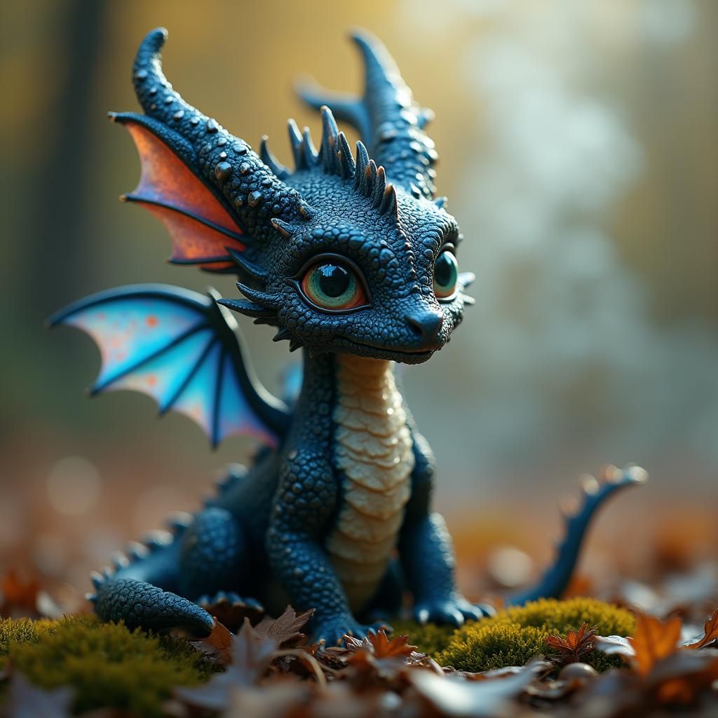 Miniature Black Dragon in Dreamlike Landscape