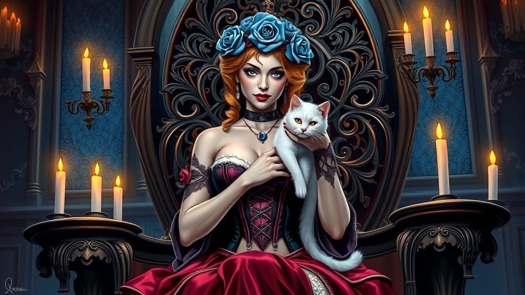 Gothic Queen with Cat in Comic Book Art Style