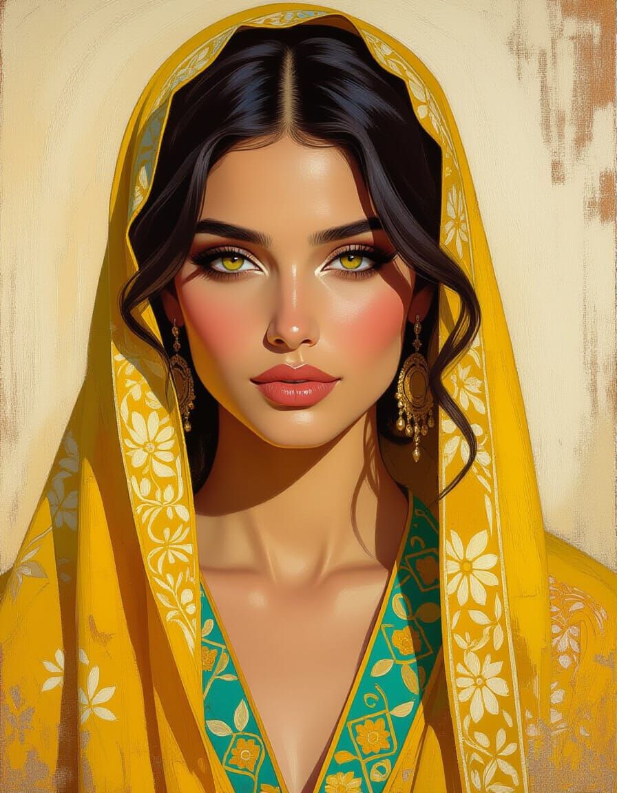 Serene Woman with Yellow Eyes in Moroccan Attire Oil Paintin...