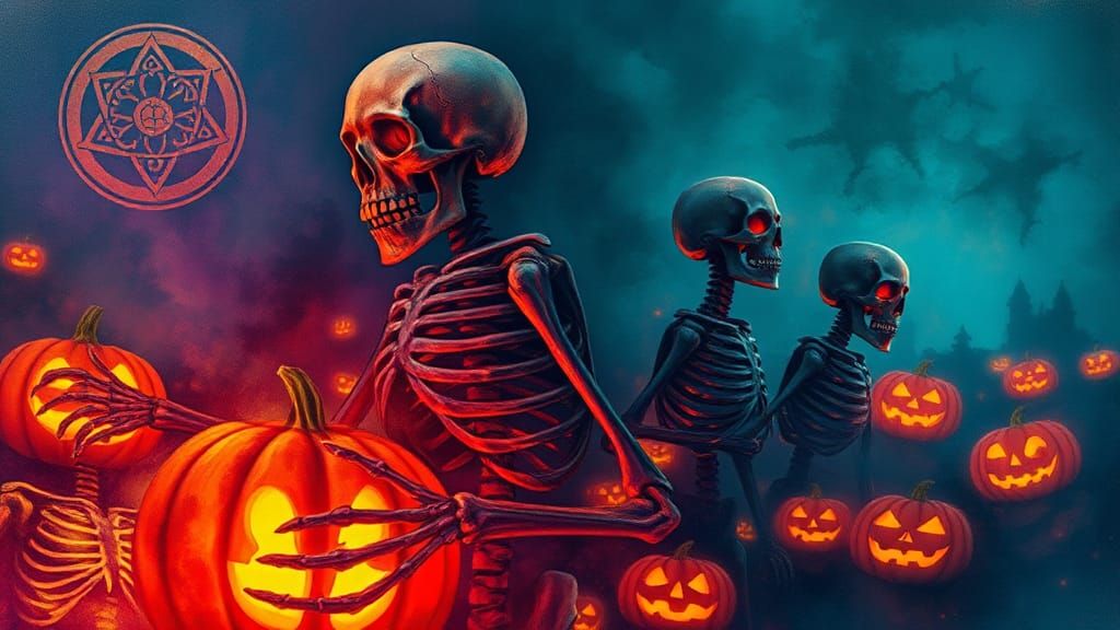 Eerie Skeletons and Jack-o'-Lanterns in Impasto Style