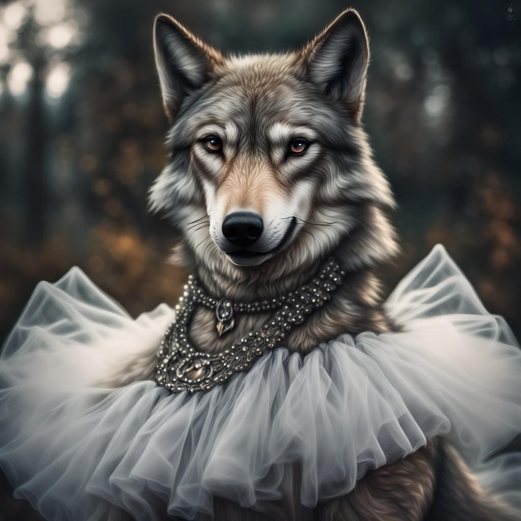 Menacing Anthro Wolf in Tulle Dress, Hyperrealistic HDR