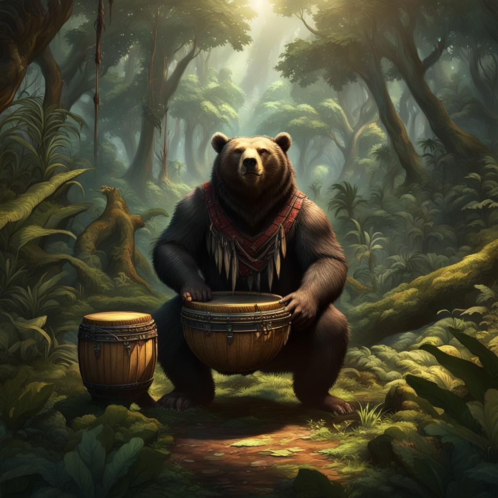 Anthropomorphic Bear Shaman in Amazonian Forest, Dark Fantas...
