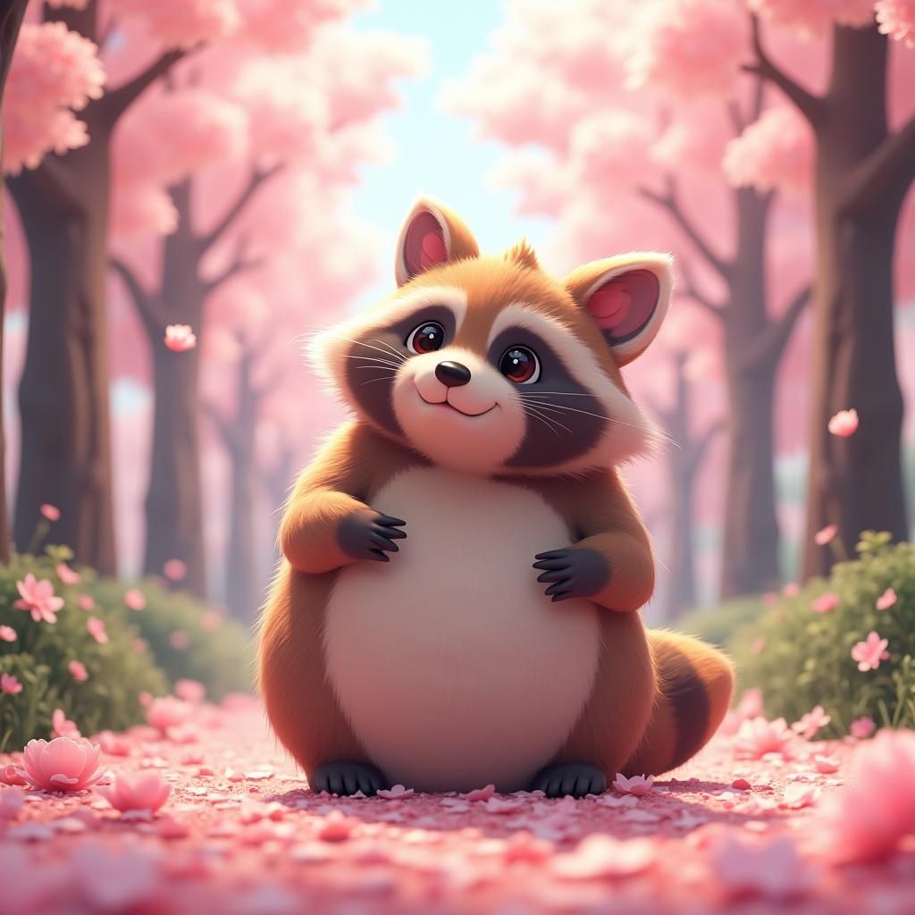 Chubby Raccoon in Sakura Forest, Anime Art