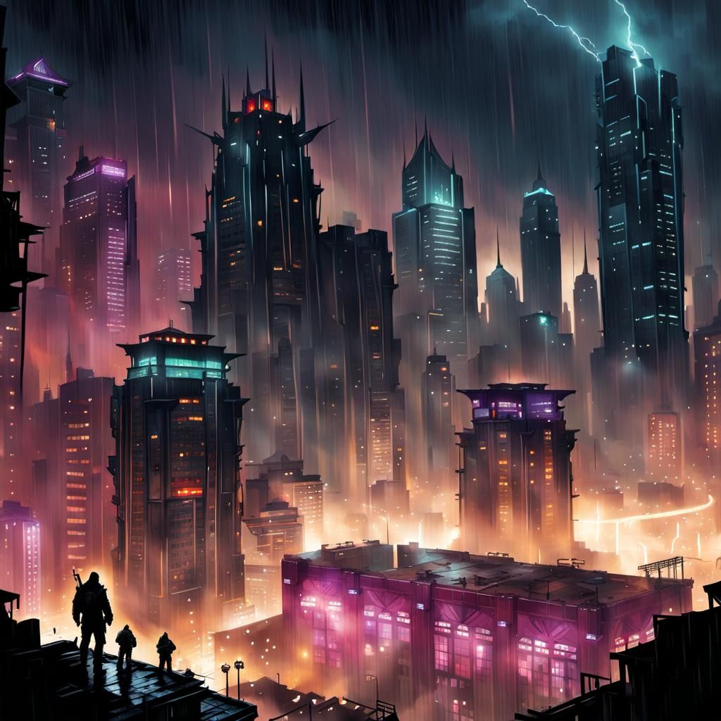 Futuristic Night City in Rain, Comic Art Style