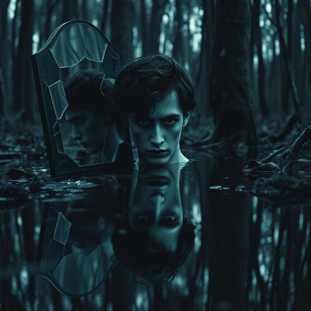 Narcissus Doppelganger in Eerie Forest: A Chiaroscuro Nightm...