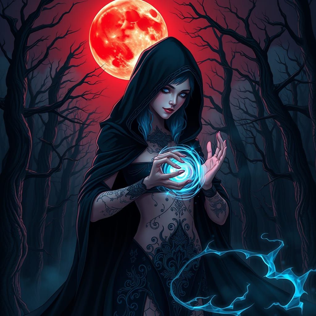 Mystical Sorceress Unleashes Cosmic Energy in Dark Forest