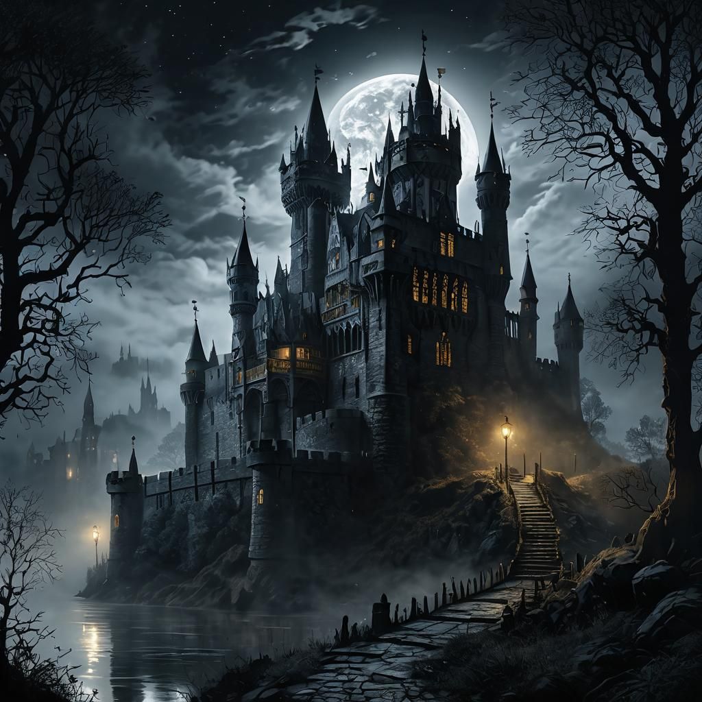 Medieval Gothic Castle Drawing in Moonlight and Fog