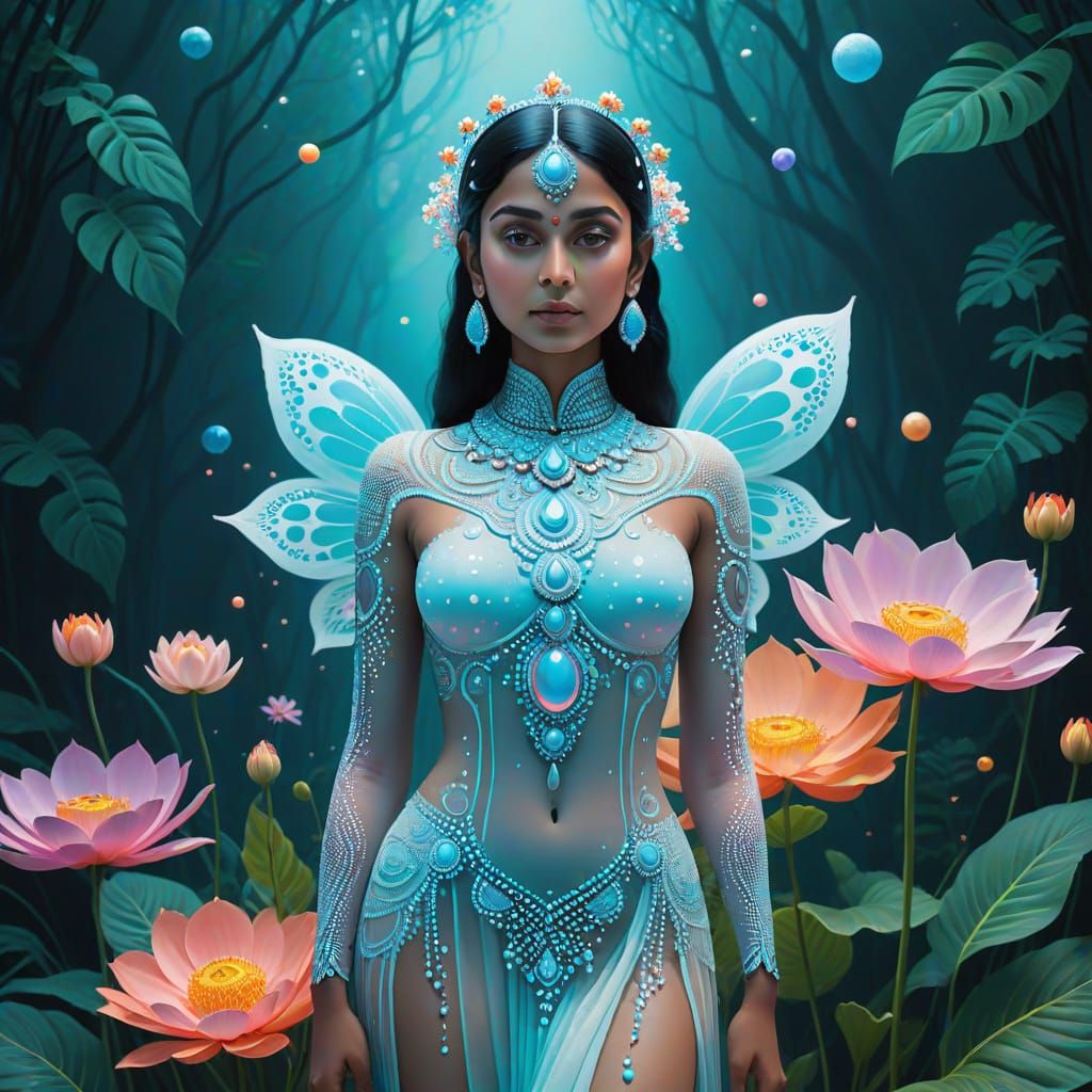 Ethereal Indian Woman in Cosmic Floral Armor