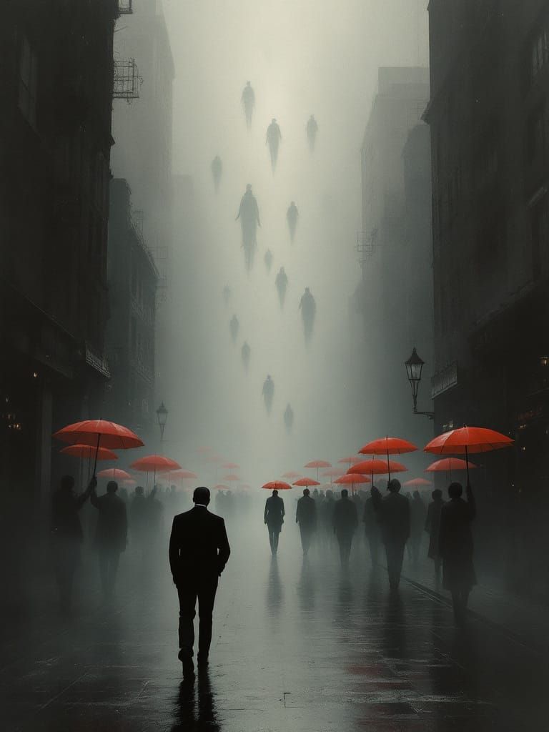 Surreal Cityscape: Figures Ascend Through Red Mist