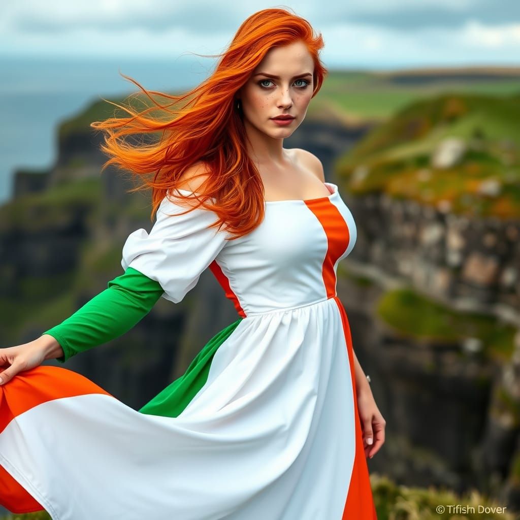 Elegant Irish Woman Stands on Cliffs in Green and Orange Dre...