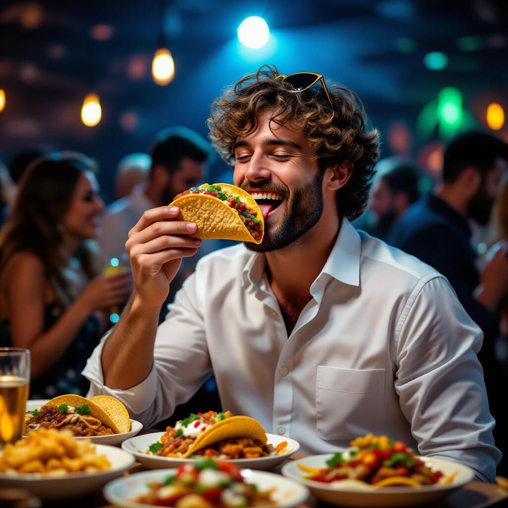 Joyful Man Enjoys Taco at Vibrant Party Buffet