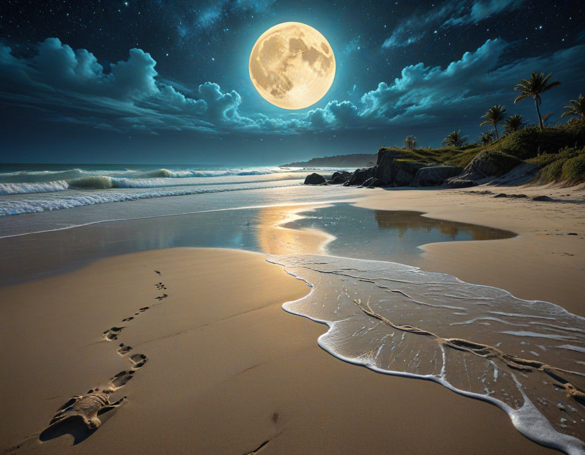 Surreal Beach Scene under Celestial Glow