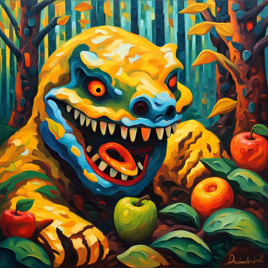 Surreal Fauvist Creature Eats Fruit in Dreamlike Forest