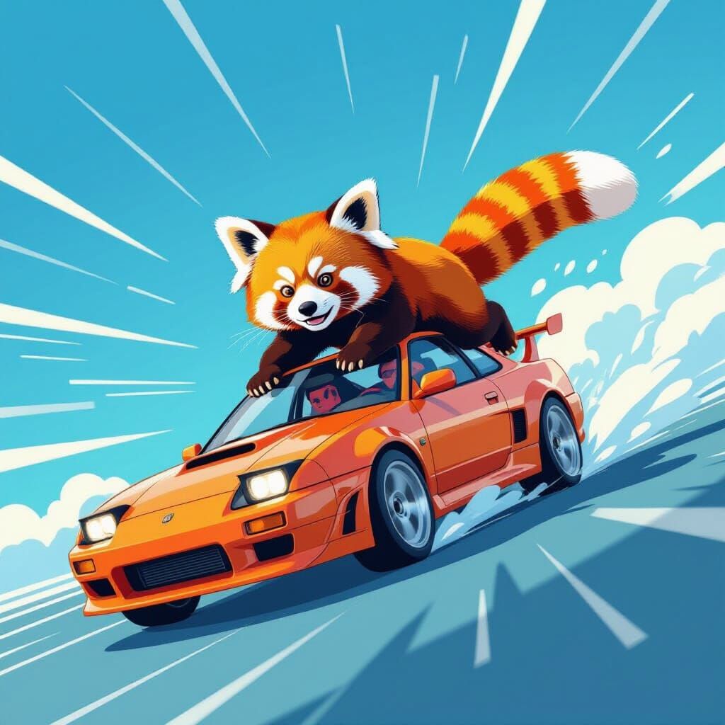 Red Panda Soaring with Drift Car in Manga Style