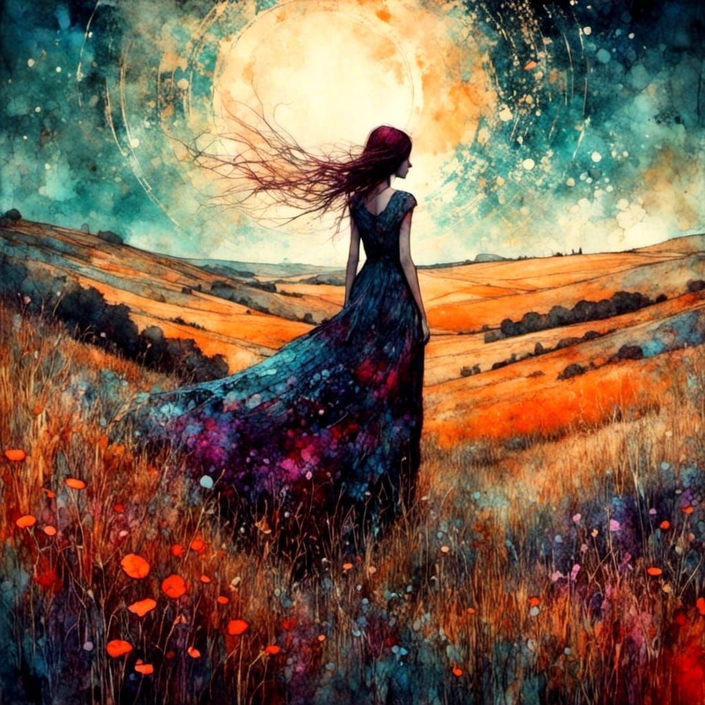 Girl on Windy Hill: Liquid Ink Art Brut