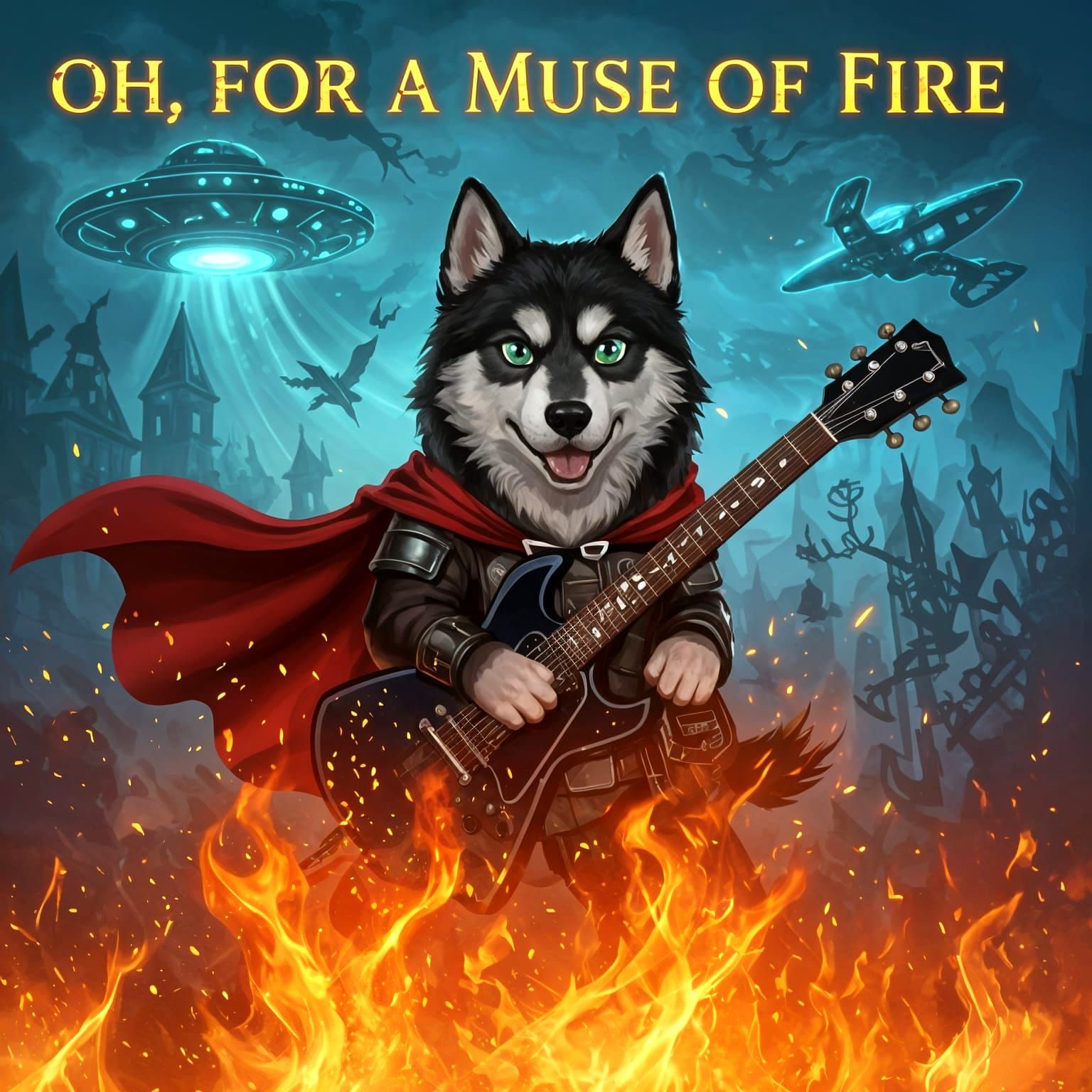 Fiery Muse Inspires Skull Dog with Guitar and Alien