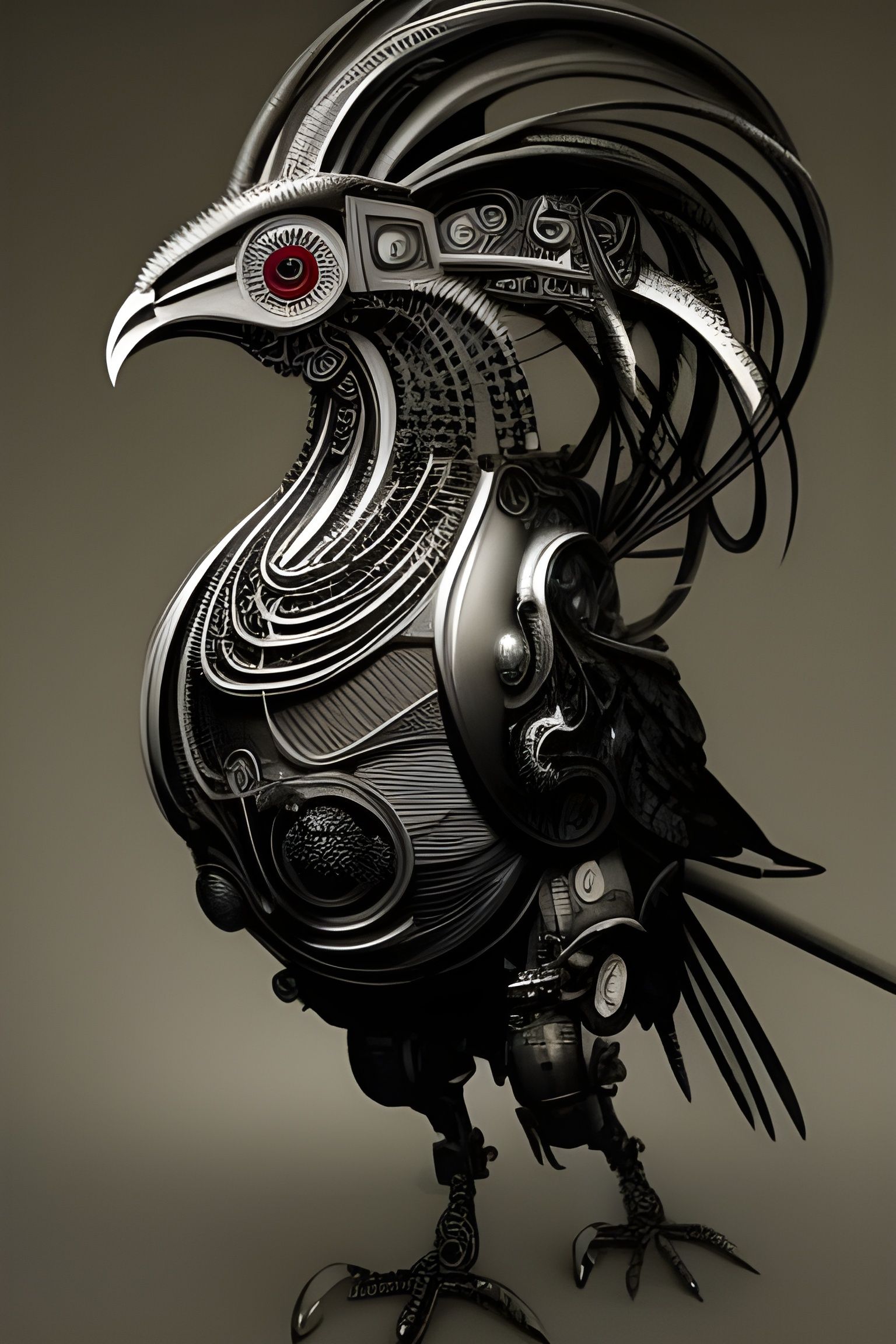 Cyberpunk Mechanical Rooster Portrait in Silver and Black