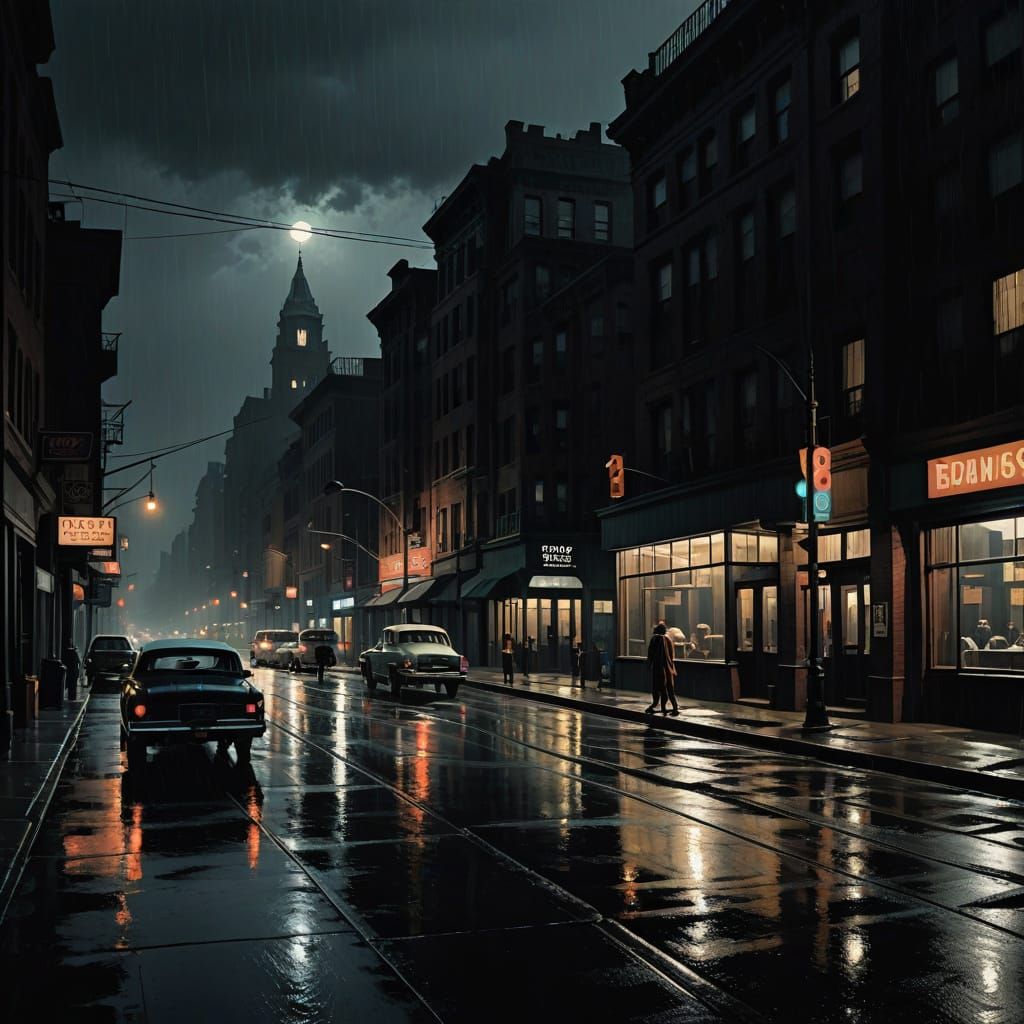 Film Noir Metropolis at Night in Dramatic Shadow