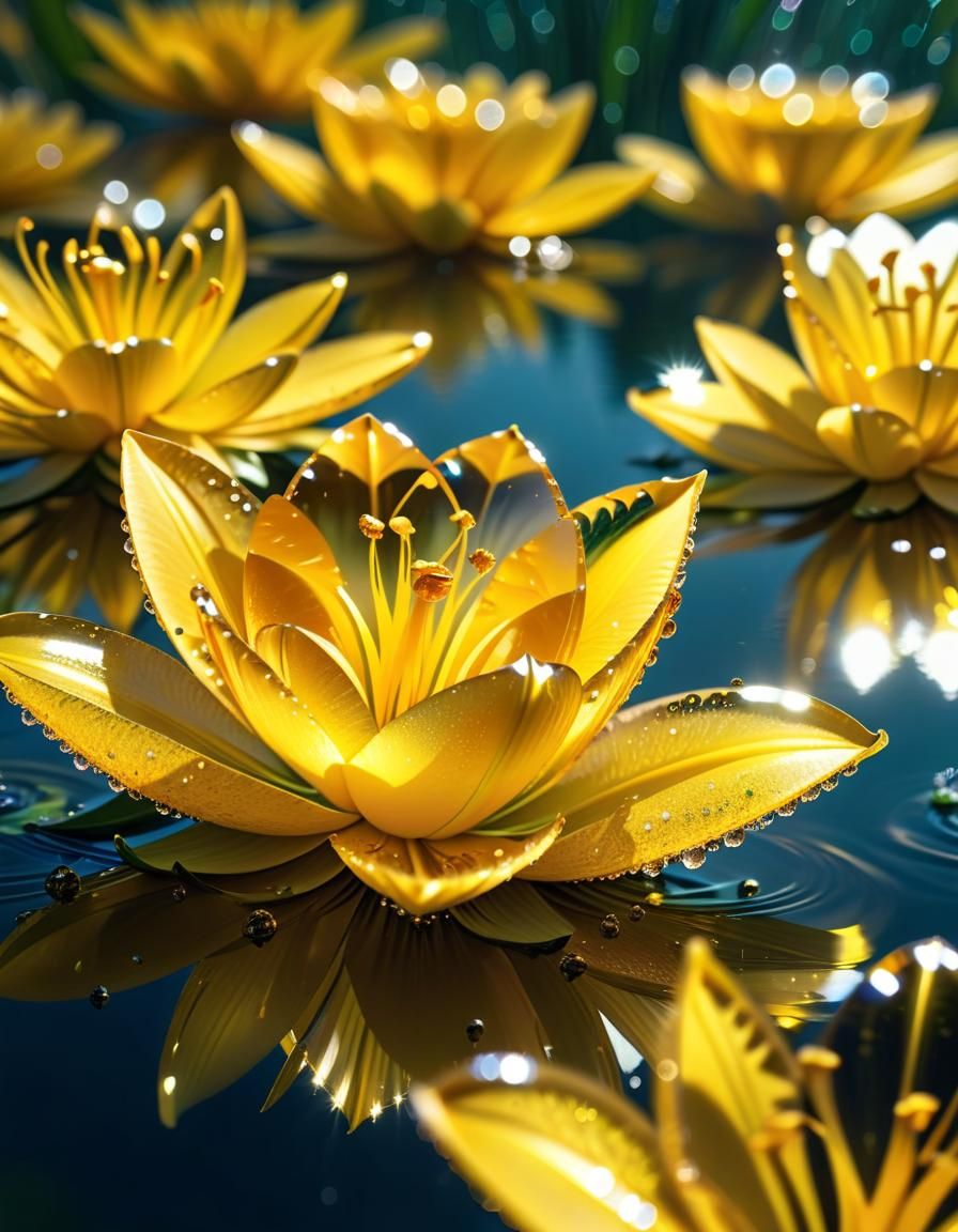 Crystalline Lilies in Shimmering Lake: Macro Photograph