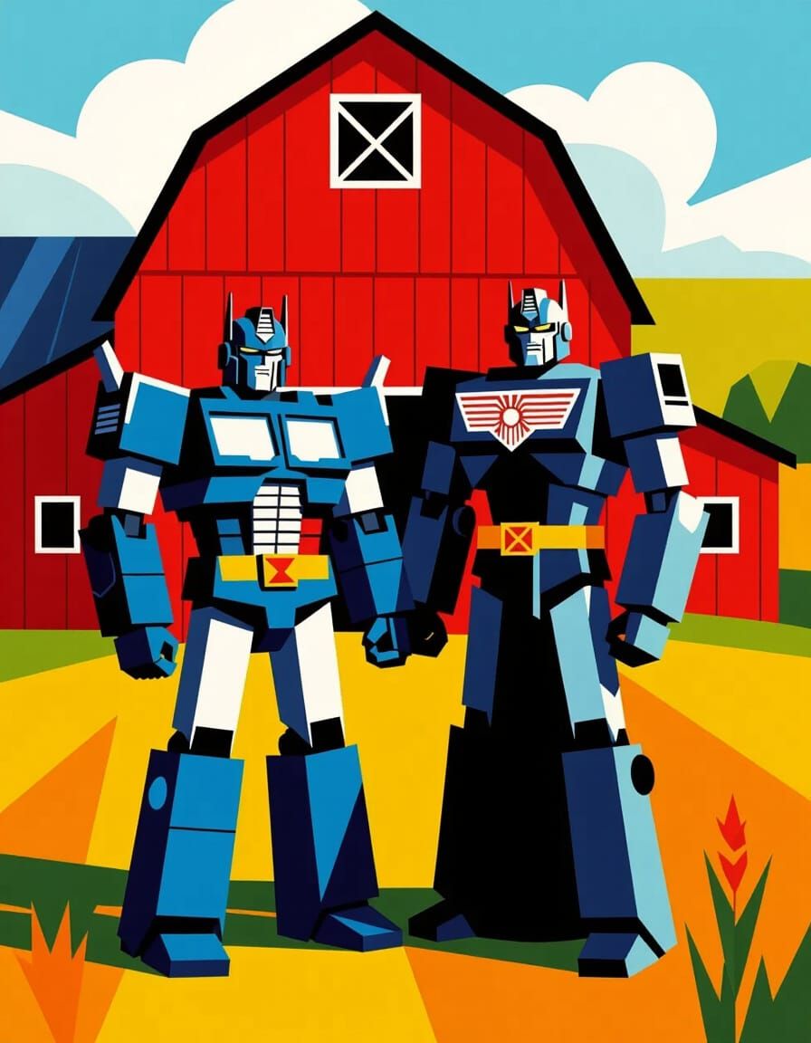 Optimus Prime & Megatron in Cubist American Gothic