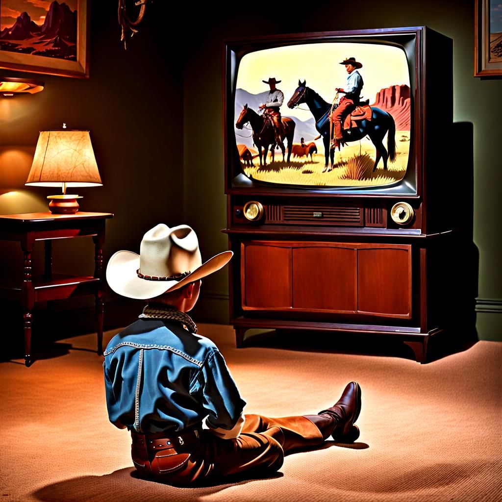 Cowboy Kid Watching Western, Rockwell Style