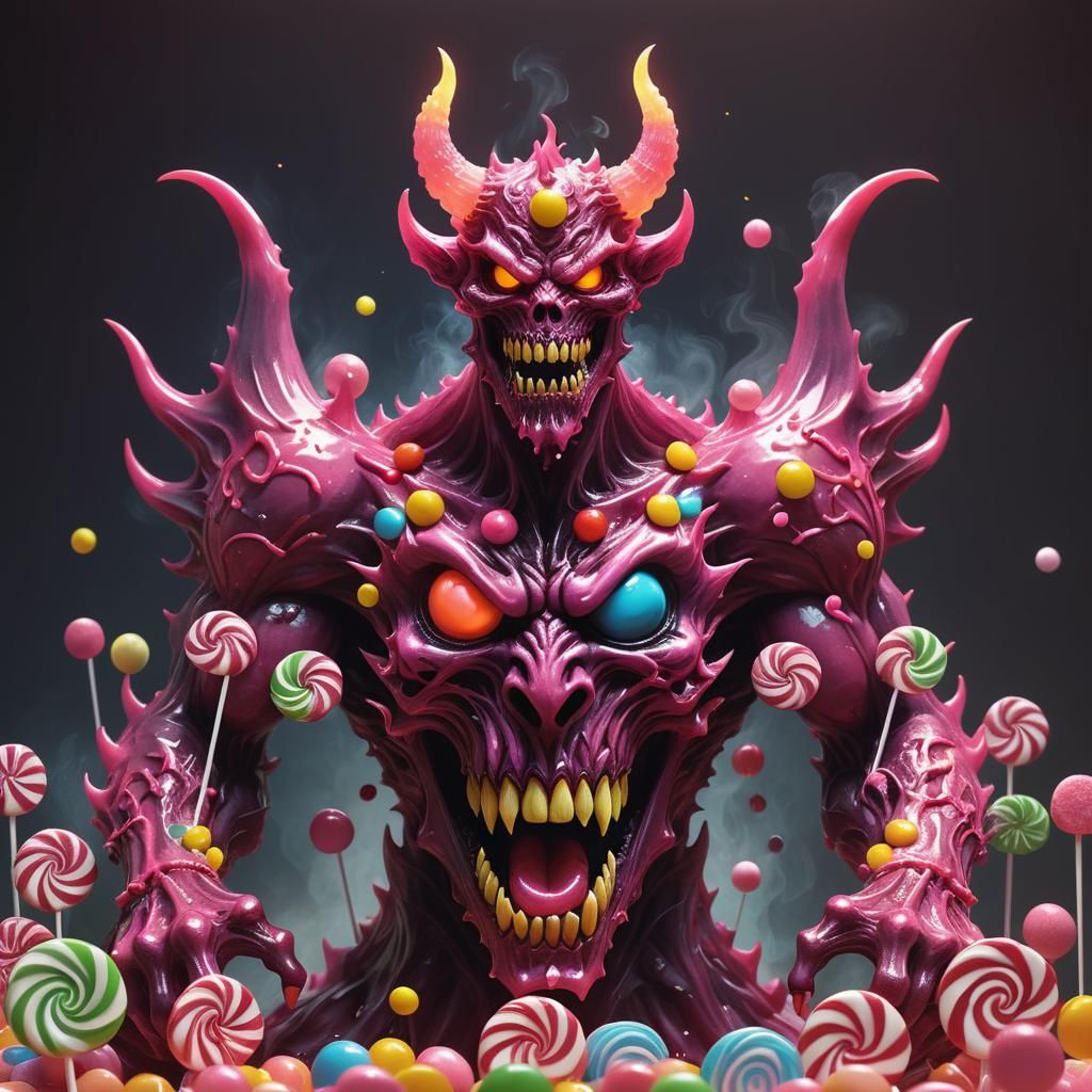 Pink Candy Demon in a Sinister Candy Fire Scenery