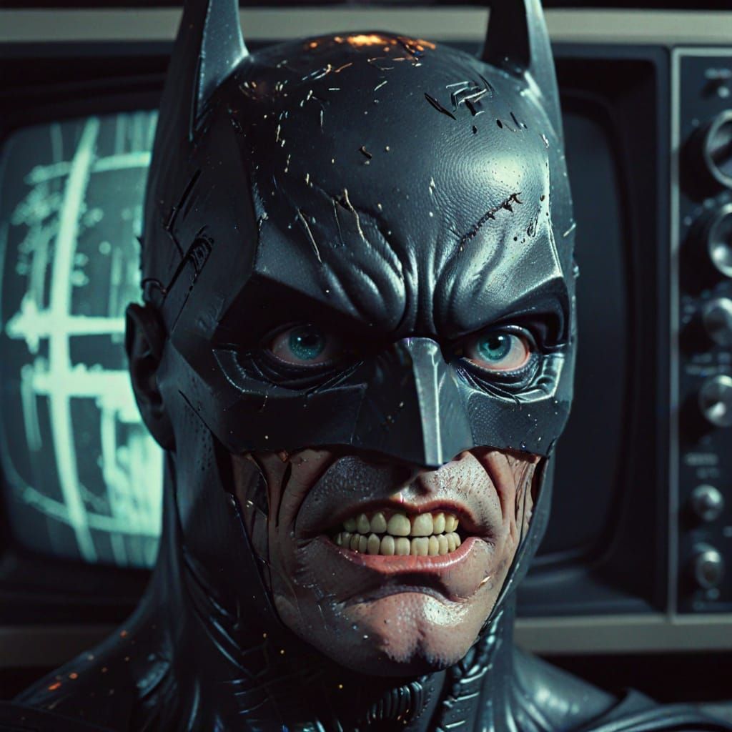 Retro Horror: Batman's Glitched Face in Analog Decay