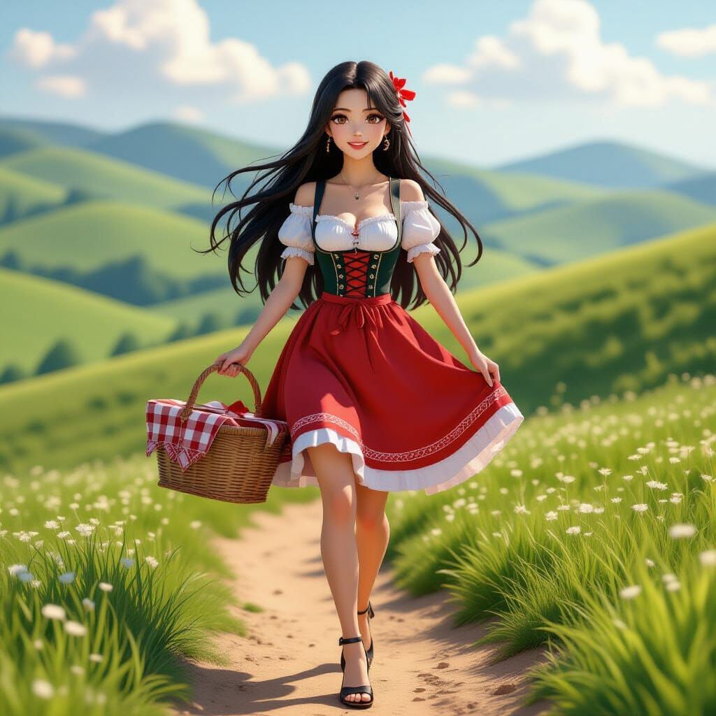 Woman with Picnic Basket in 3D Anime Style