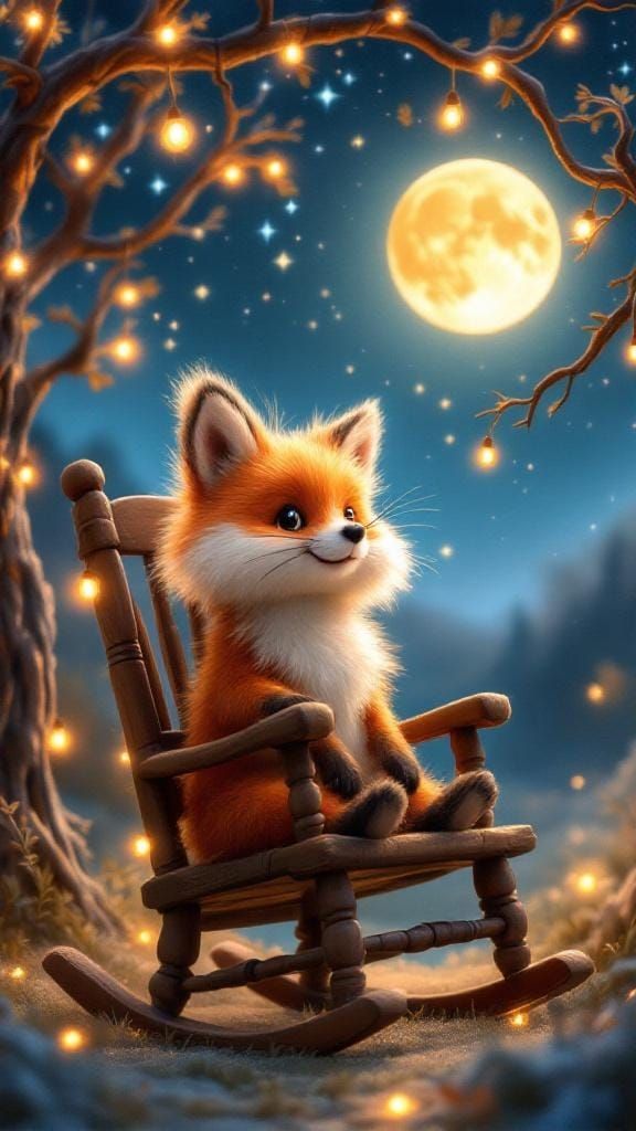 Felted Fox Relaxing Under Fairy Lights in Whimsical Style
