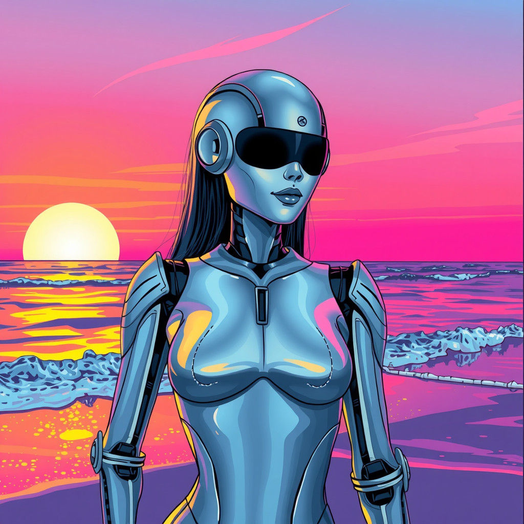 Retro-Futuristic Robotic Woman on Beach at Sunset