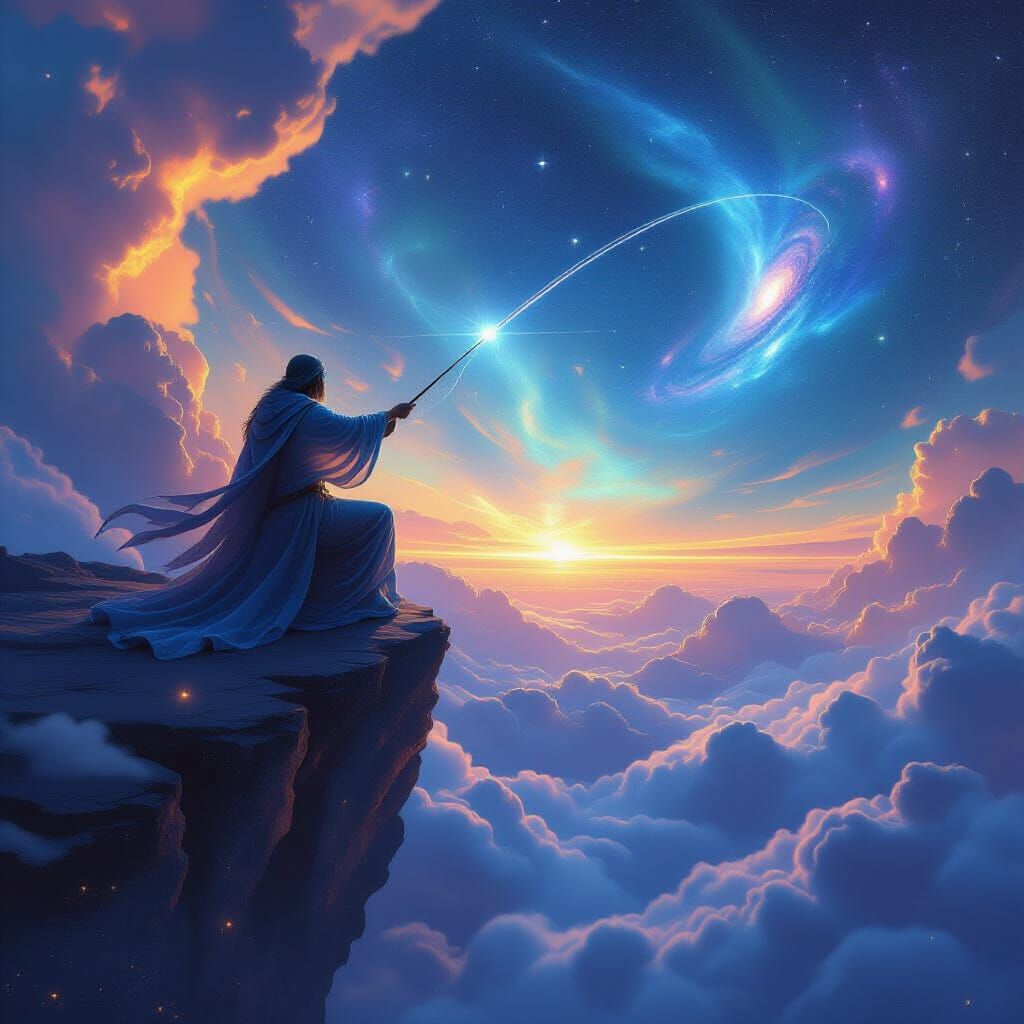 Celestial Fisherman Casting Line into Galaxy