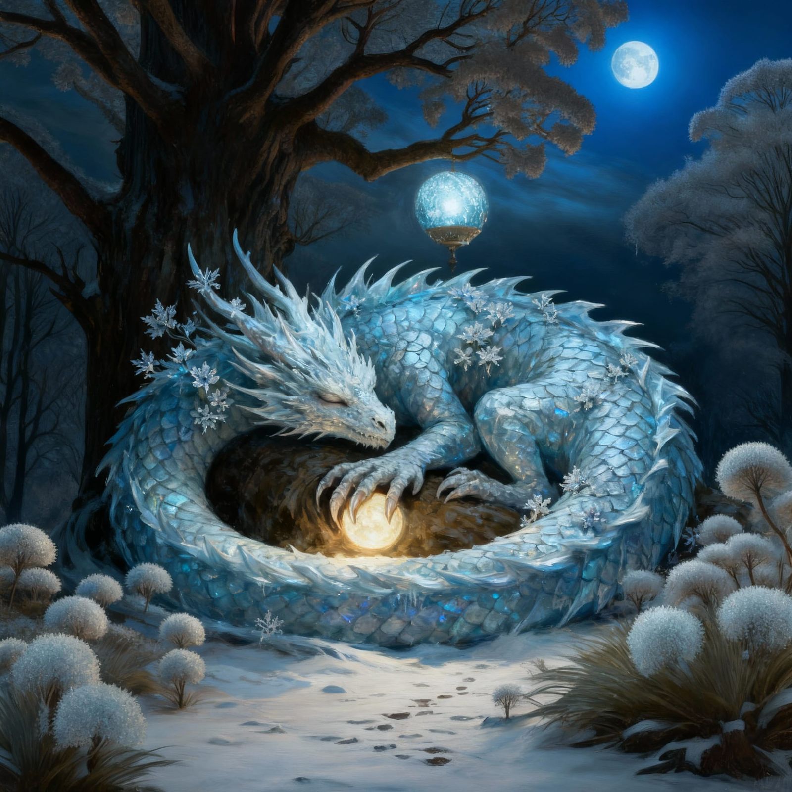 Majestic Ice Dragon Sleeps by Ancient Tree in Frozen Forest