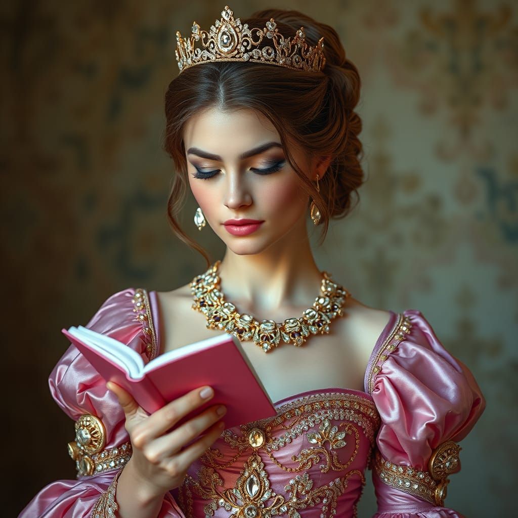 Futuristic Princess Reads Sacred Text in Iridescent Gown