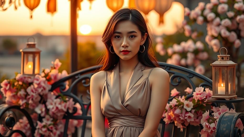 Asian Woman in Silk Dress at Sunset: Hyperrealistic Portrait