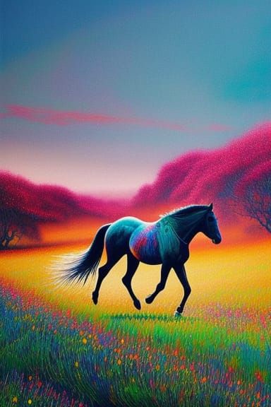Horse Running Through Beautiful Landscape as Stippling Art