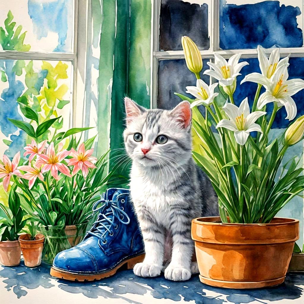 A cat, a boot, and flowers