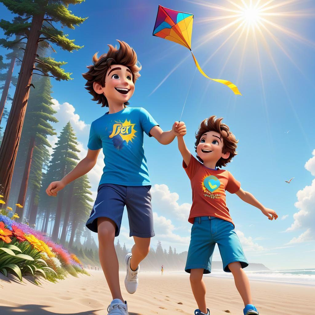 Boy Flying Kite on Beach, Pixar-Style 3D Art