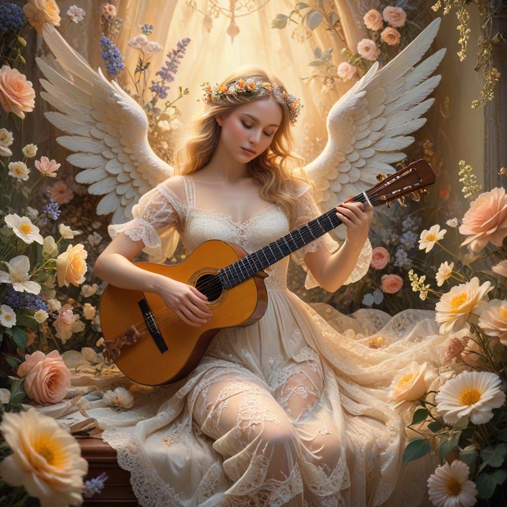 Romantic Angel Surrounded by Women and Flowers