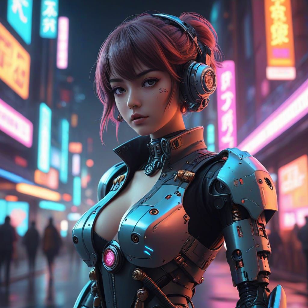 Steampunk Robot Woman in Neon Cyberpunk Anime Style